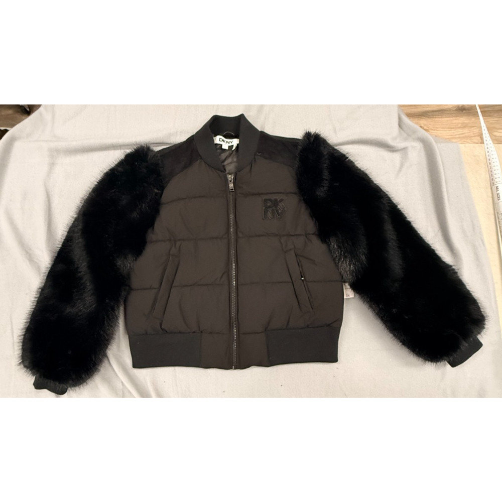 DKNY Bomber Jacket Women Large Black Full Zip Faux Fur Sleeve Cropped Winter NWT - Picture 3 of 11